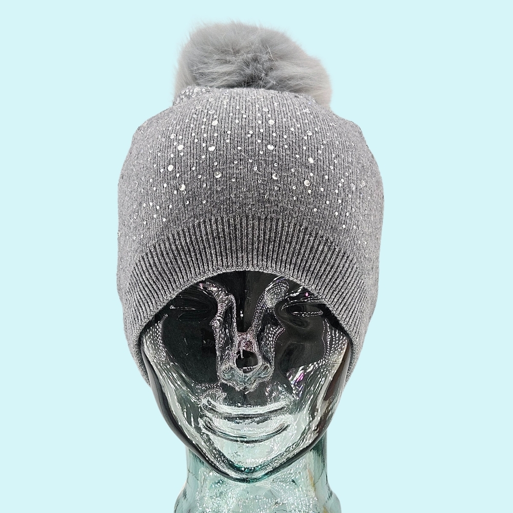 Adrienne Landau Hat Beanie Grey Studded Rhinestone Faux Fur Wool Blend Holiday